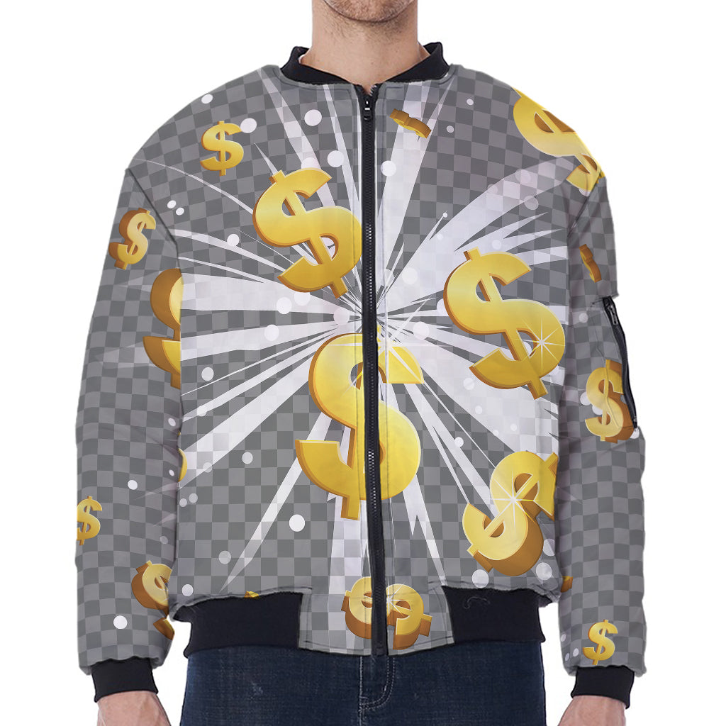 Golden Dollar Sign Explosion Print Zip Sleeve Bomber Jacket