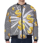 Golden Dollar Sign Explosion Print Zip Sleeve Bomber Jacket