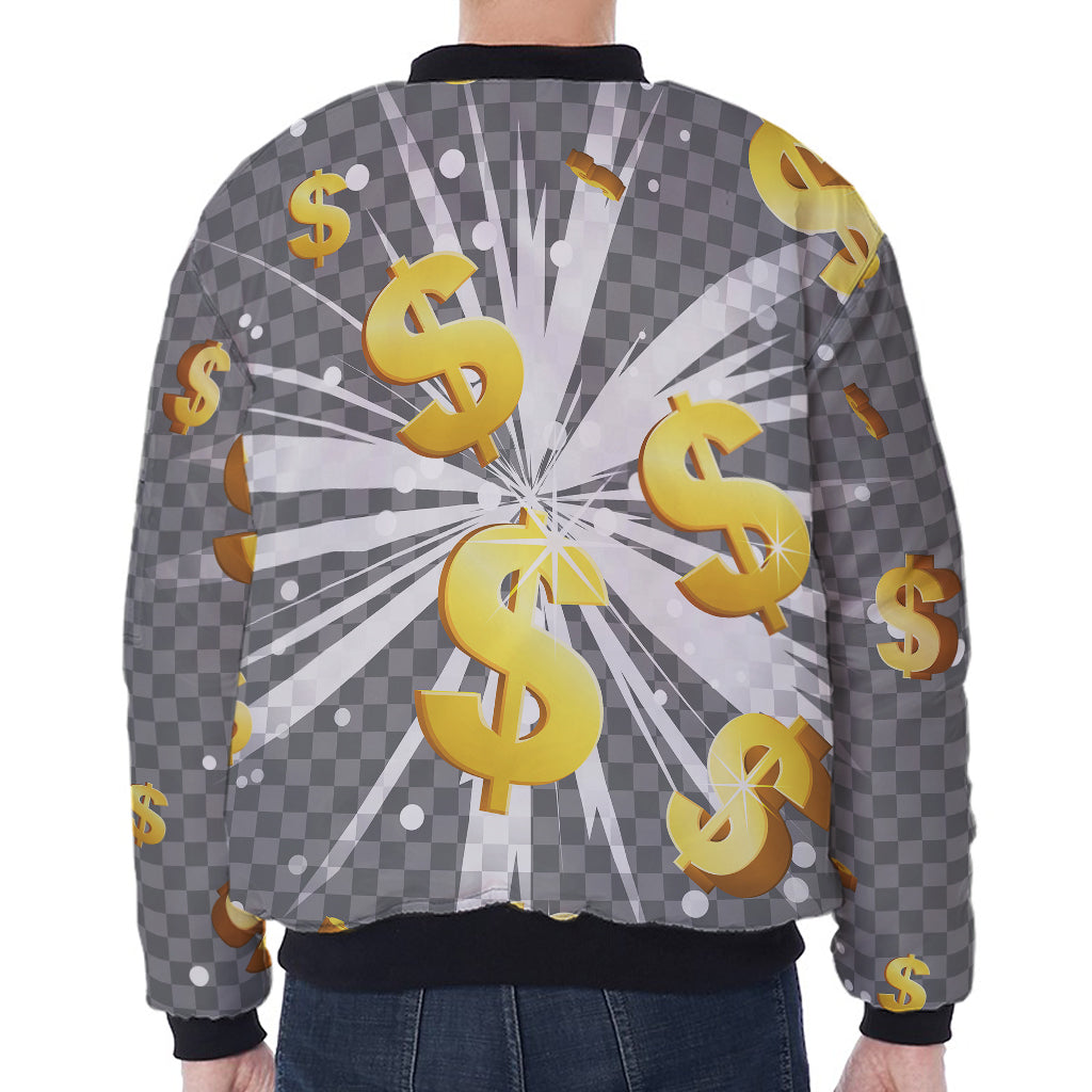 Golden Dollar Sign Explosion Print Zip Sleeve Bomber Jacket