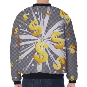 Golden Dollar Sign Explosion Print Zip Sleeve Bomber Jacket