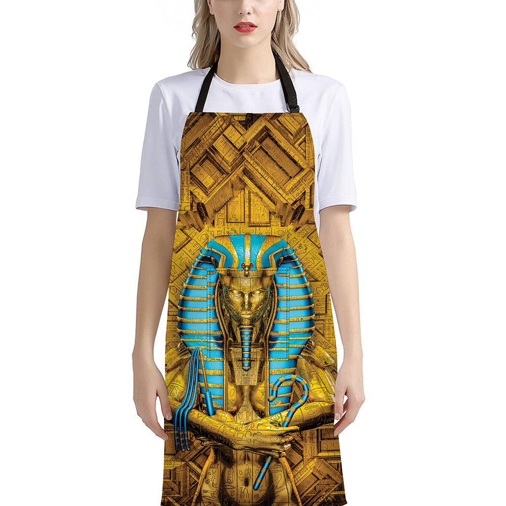 Golden Egyptian Pharaoh Print Bib Apron With Pocket