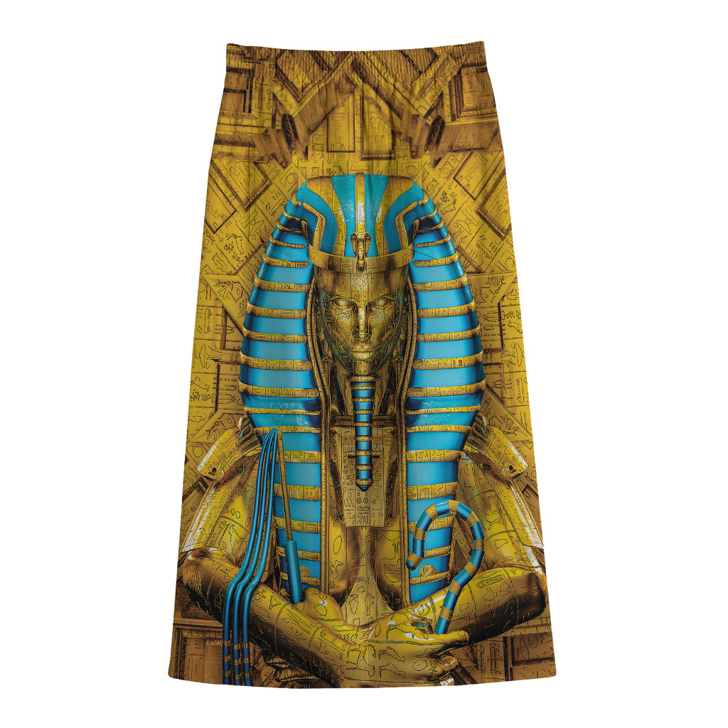 Golden Egyptian Pharaoh Print Cotton Front Slit Maxi Skirt