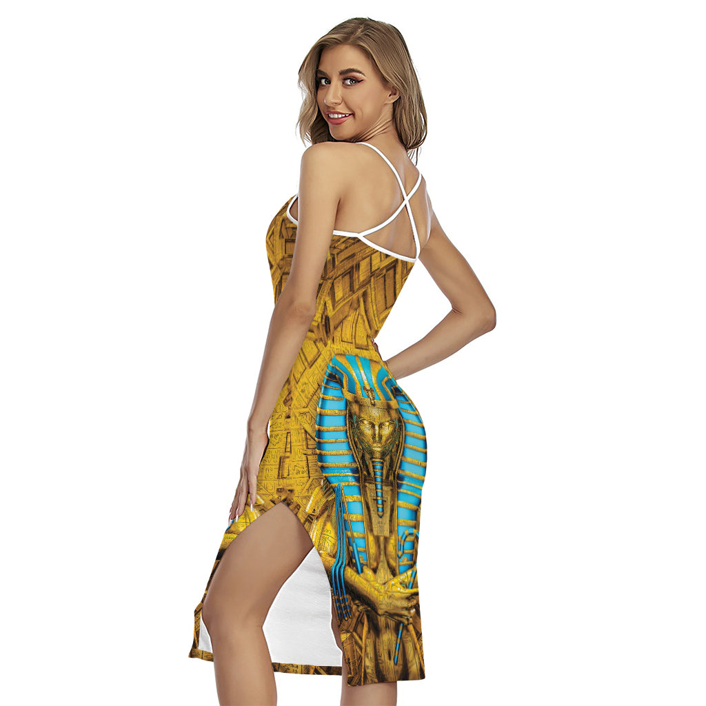 Golden Egyptian Pharaoh Print Cross Back Cami Dress