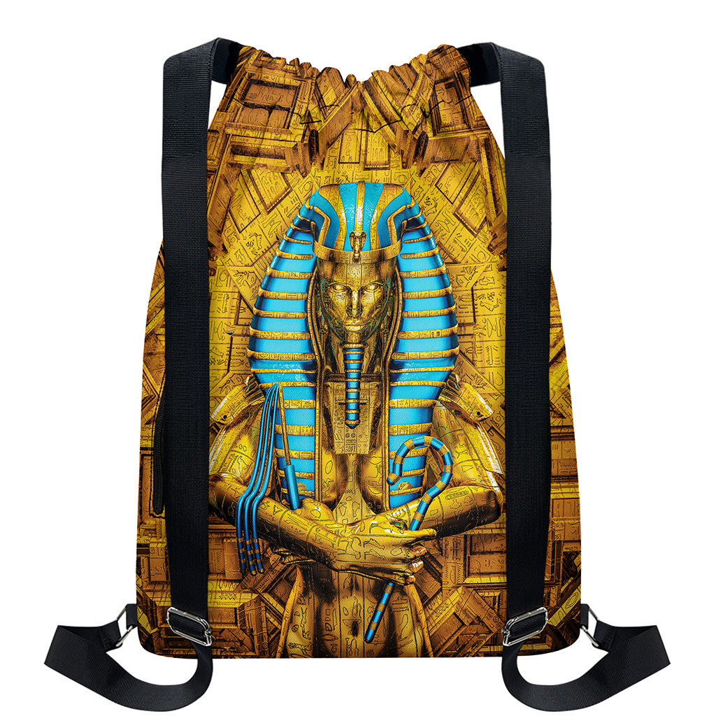Golden Egyptian Pharaoh Print Drawstring Backpack