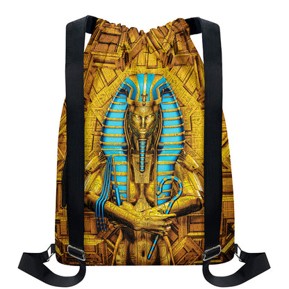 Golden Egyptian Pharaoh Print Drawstring Backpack