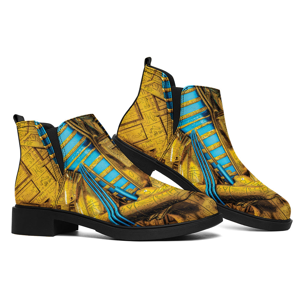 Golden Egyptian Pharaoh Print Flat Ankle Boots