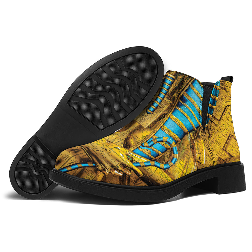 Golden Egyptian Pharaoh Print Flat Ankle Boots