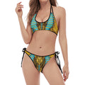 Golden Egyptian Pharaoh Print Halter Scoop Tie Side Bikini