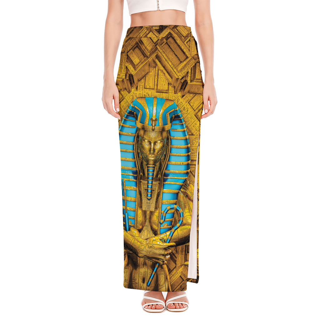 Golden Egyptian Pharaoh Print High Slit Maxi Skirt