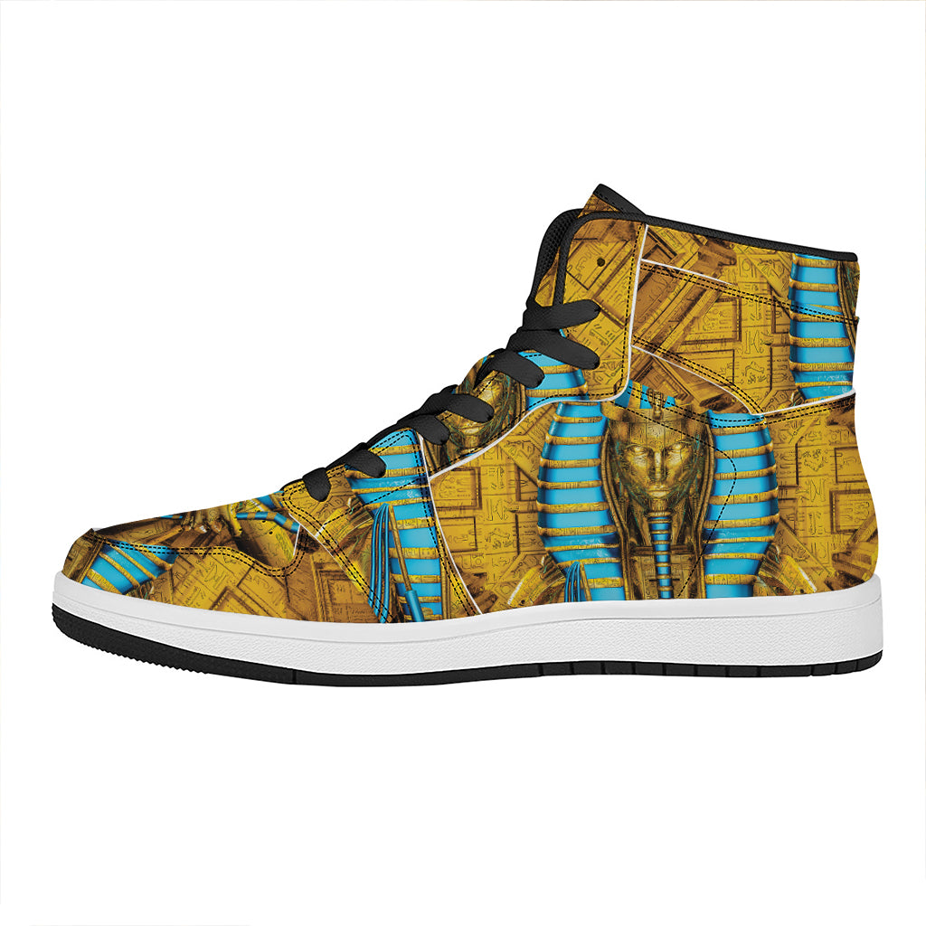 Golden Egyptian Pharaoh Print High Top Leather Sneakers