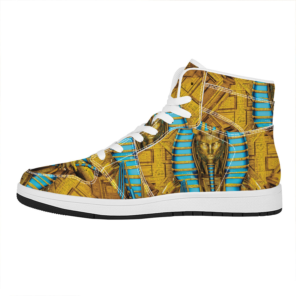 Golden Egyptian Pharaoh Print High Top Leather Sneakers