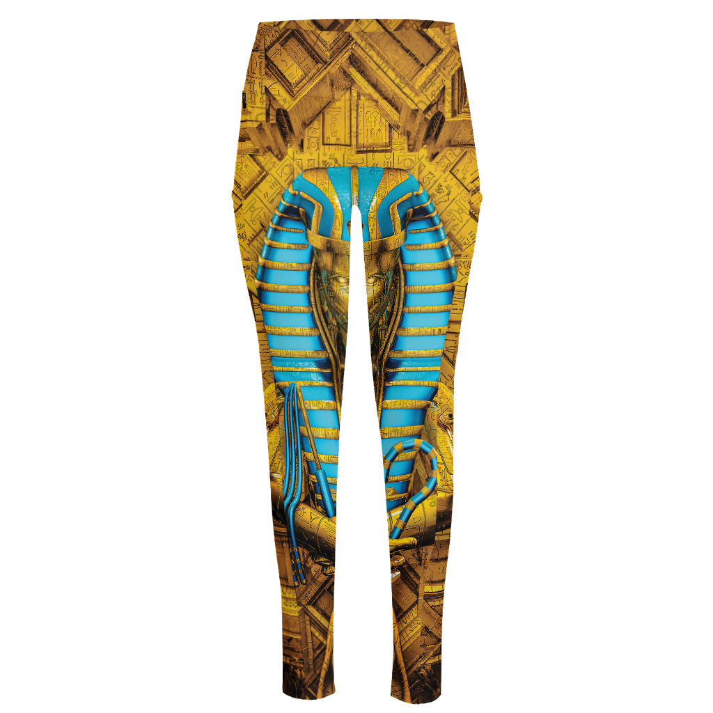 Golden Egyptian Pharaoh Print High-Waisted Pocket Leggings