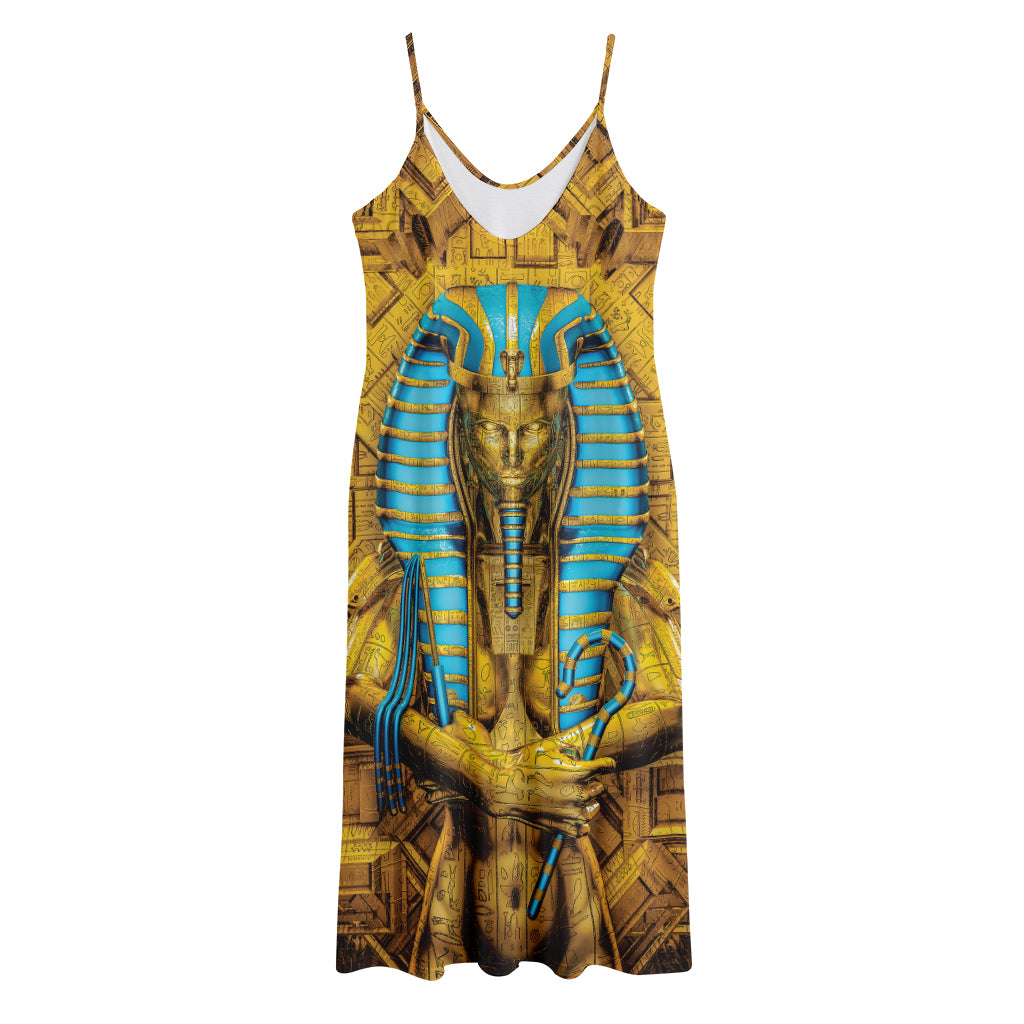 Golden Egyptian Pharaoh Print Jersey Midi Cami Dress