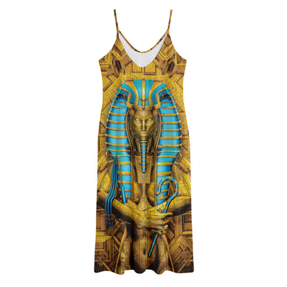 Golden Egyptian Pharaoh Print Jersey Midi Cami Dress