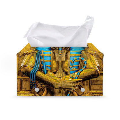 Golden Egyptian Pharaoh Print Leather Tissue Box Cover