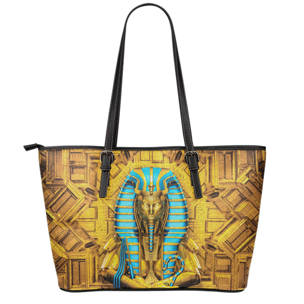 Golden Egyptian Pharaoh Print Leather Tote Bag