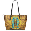 Golden Egyptian Pharaoh Print Leather Tote Bag With Zipper