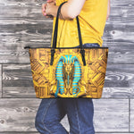 Golden Egyptian Pharaoh Print Leather Tote Bag