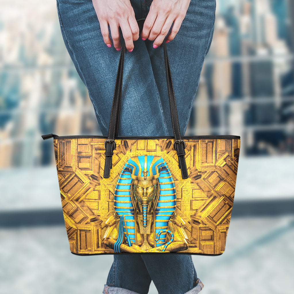 Golden Egyptian Pharaoh Print Leather Tote Bag