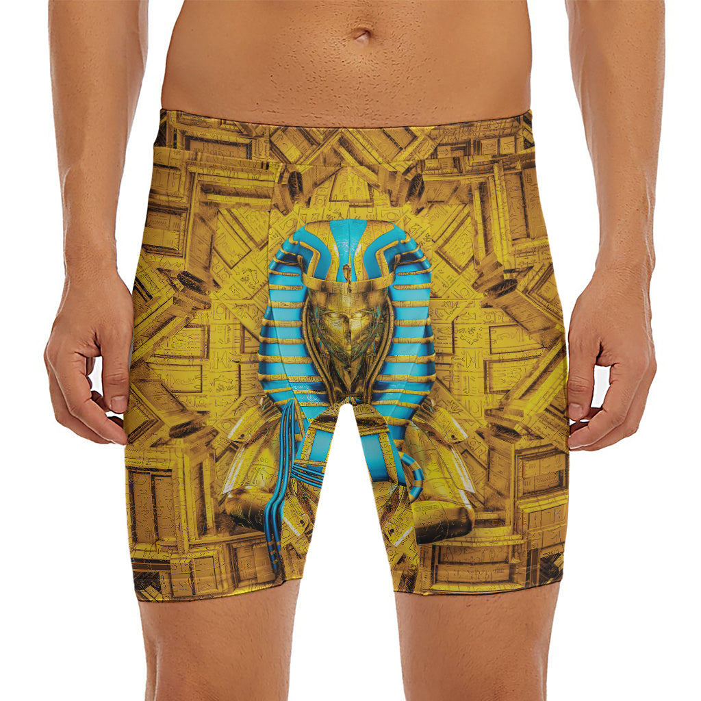 Golden Egyptian Pharaoh Print Men's Long Boxer Briefs