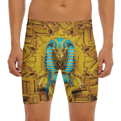 Golden Egyptian Pharaoh Print Men's Long Boxer Briefs