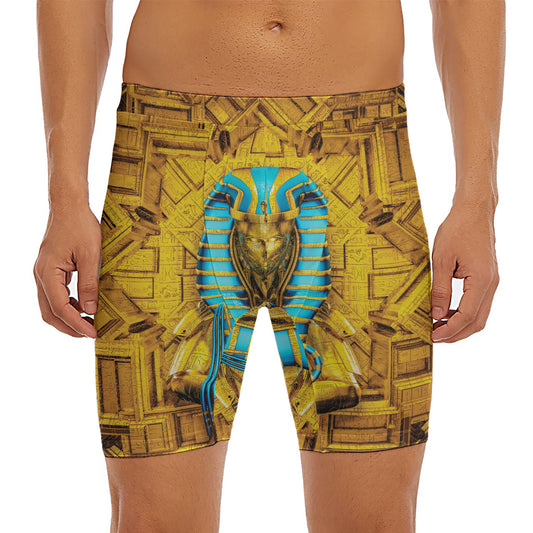 Golden Egyptian Pharaoh Print Men's Long Boxer Briefs