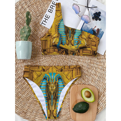 Golden Egyptian Pharaoh Print One Shoulder Bikini Top