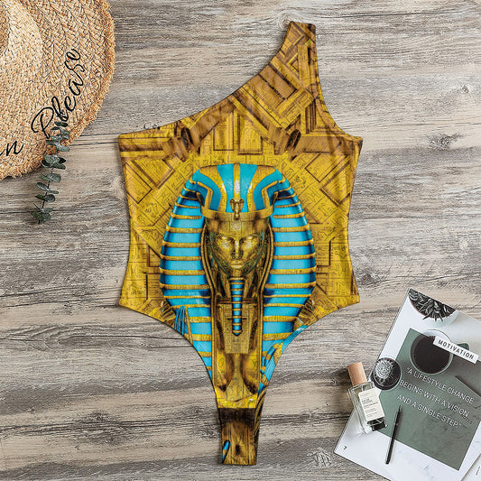 Golden Egyptian Pharaoh Print One Shoulder Bodysuit