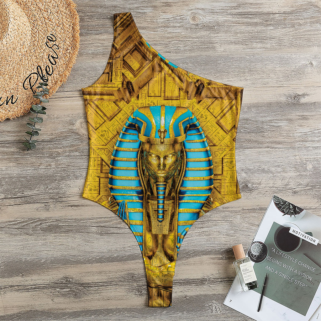 Golden Egyptian Pharaoh Print One Shoulder Bodysuit