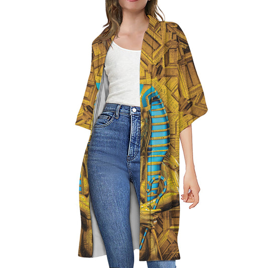 Golden Egyptian Pharaoh Print Open Front Beach Cover Up