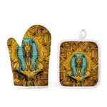 Golden Egyptian Pharaoh Print Oven Mitt And Pot Holder Set