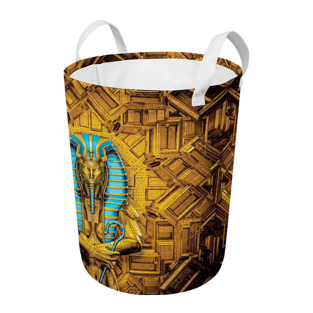 Golden Egyptian Pharaoh Print Round Laundry Basket