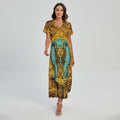 Golden Egyptian Pharaoh Print Short Sleeve Maxi Dress