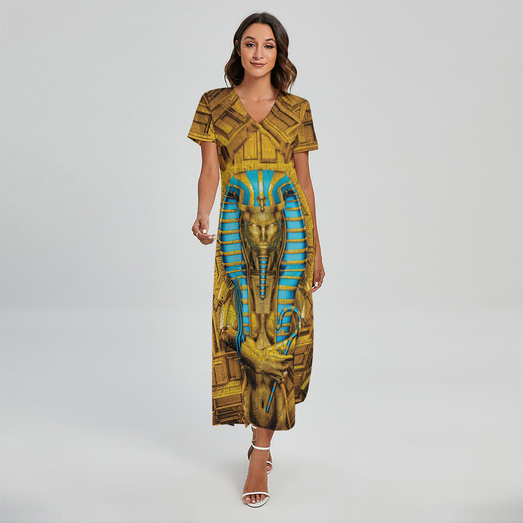 Golden Egyptian Pharaoh Print Short Sleeve Maxi Dress
