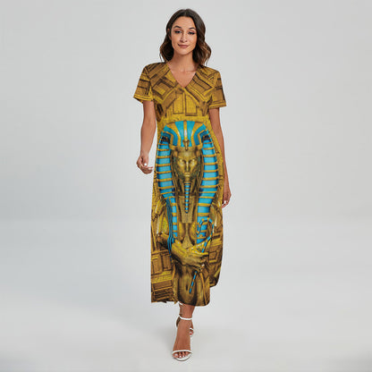 Golden Egyptian Pharaoh Print Short Sleeve Maxi Dress