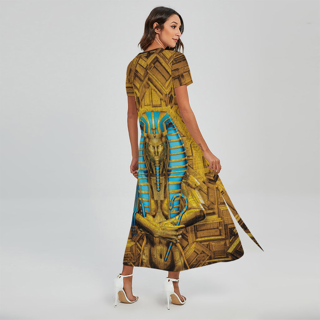 Golden Egyptian Pharaoh Print Short Sleeve Maxi Dress
