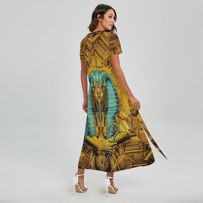 Golden Egyptian Pharaoh Print Short Sleeve Maxi Dress
