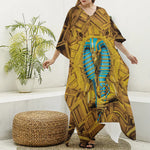 Golden Egyptian Pharaoh Print Silk V-Neck Kaftan Dress