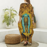 Golden Egyptian Pharaoh Print Silk V-Neck Kaftan Dress