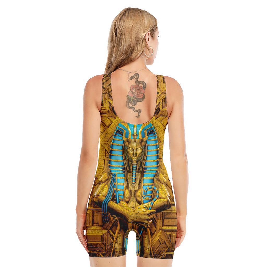 Golden Egyptian Pharaoh Print Sleeveless One Piece Swimsuit