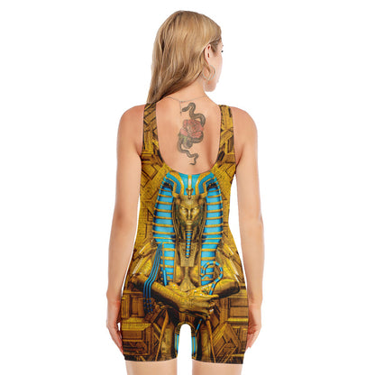 Golden Egyptian Pharaoh Print Sleeveless One Piece Swimsuit