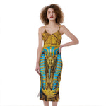 Golden Egyptian Pharaoh Print Slim Fit Midi Cami Dress