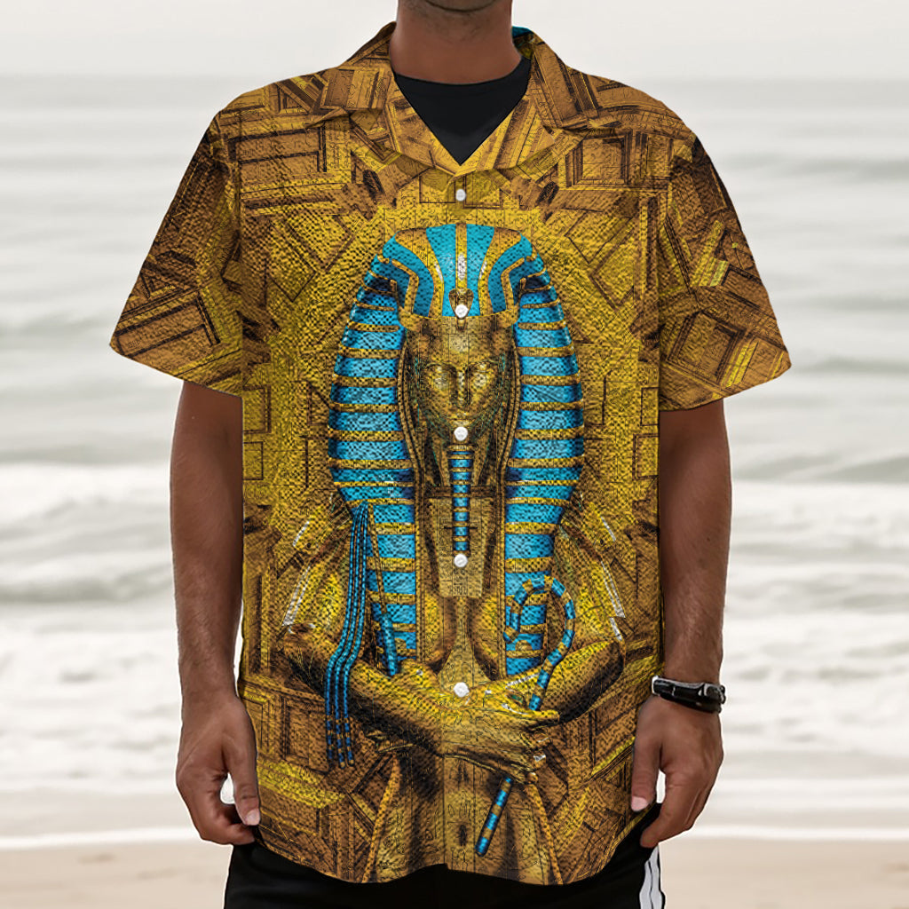 Golden Egyptian Pharaoh Print Textured Short Sleeve Shirt