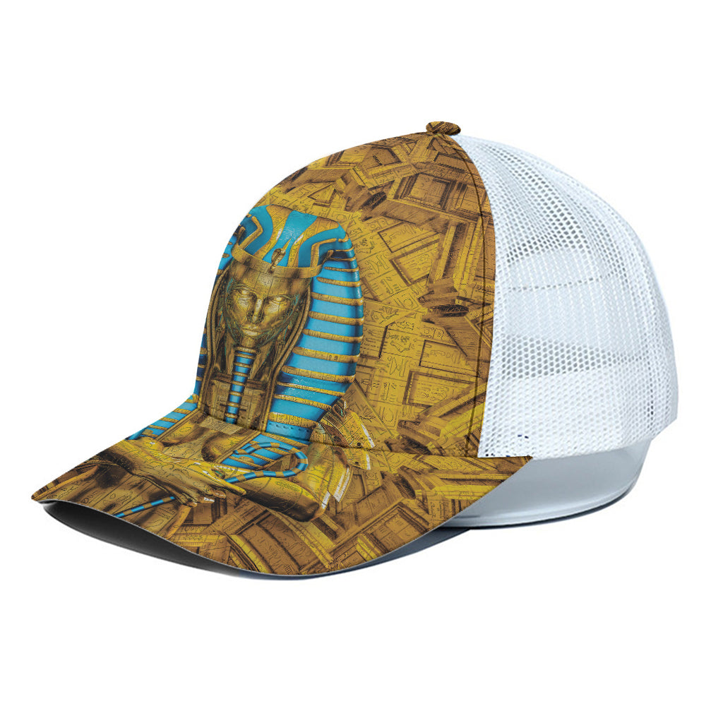 Golden Egyptian Pharaoh Print White Mesh Trucker Cap
