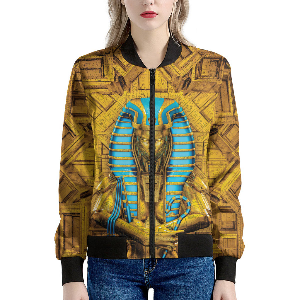 Golden Egyptian Pharaoh Print Women's Bomber Jacket