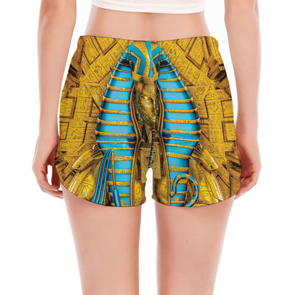 Golden Egyptian Pharaoh Print Women's Split Running Shorts