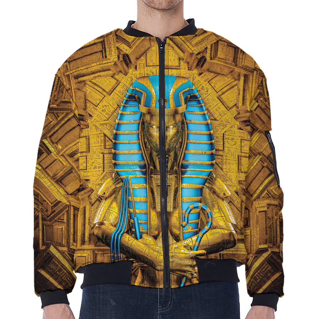 Golden Egyptian Pharaoh Print Zip Sleeve Bomber Jacket