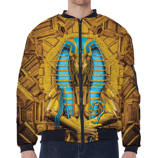 Golden Egyptian Pharaoh Print Zip Sleeve Bomber Jacket