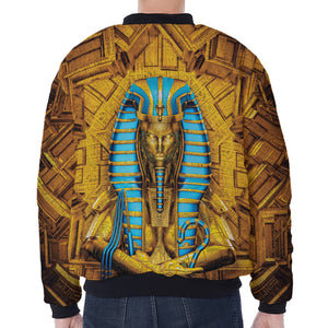 Golden Egyptian Pharaoh Print Zip Sleeve Bomber Jacket