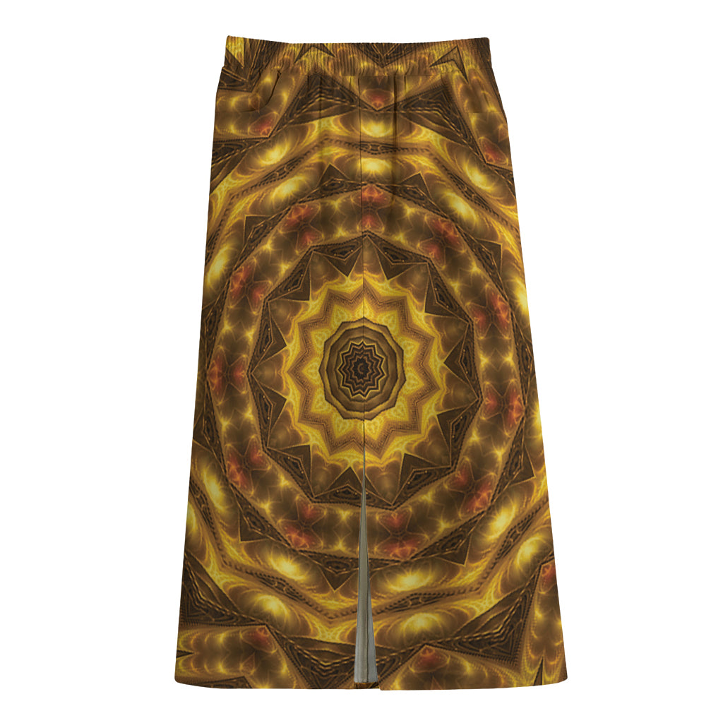 Golden Kaleidoscope Print Cotton Front Slit Maxi Skirt
